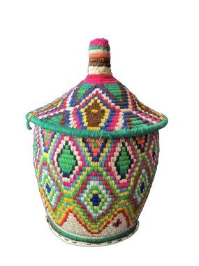 Moroccan Berber Handwoven Lidded Wool Basket 12"H x 9"W Colorful VTG Handcrafted